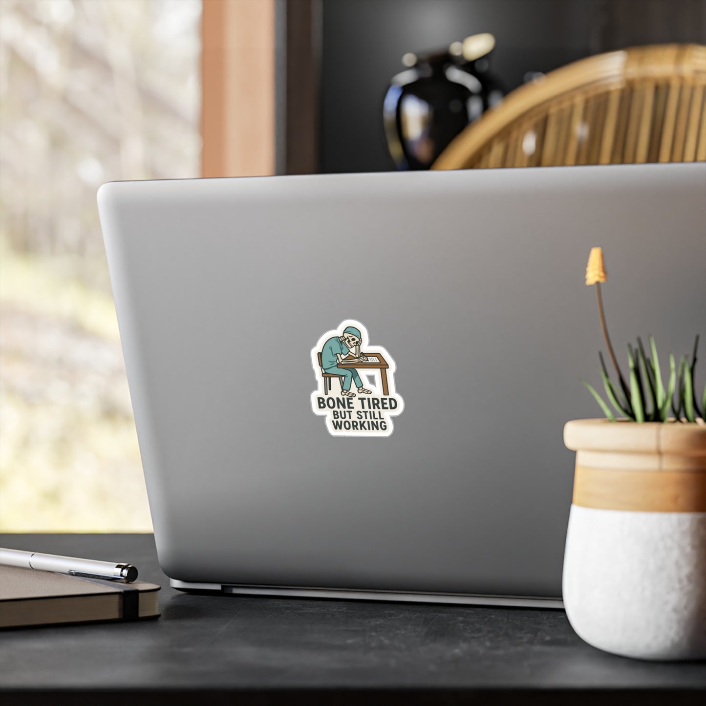 Bone Tired But Still Working Sticker | Funny Nurse Skeleton Sticker | Medical Humor Vinyl Decal for Healthcare Workers
